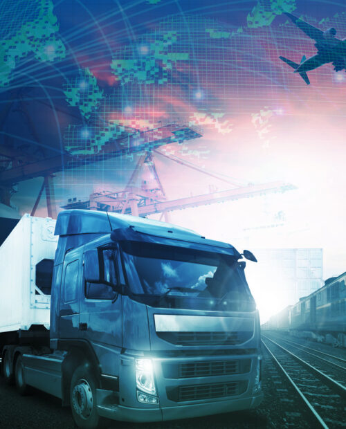 Comércio mundial com indústrias, caminhão, trens, transporte marítimo e carga aérea.