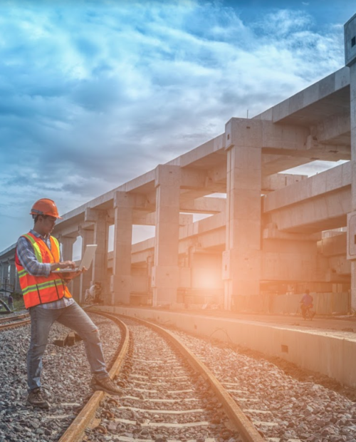 Profissional com EPI em uma estação ferroviária